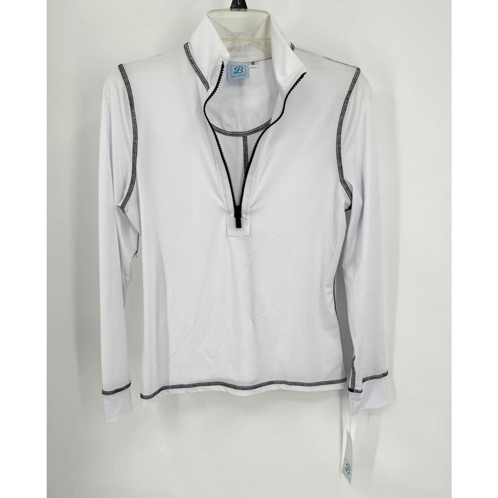 Beth Depass Long Sleeve Sports Golf Shirt Small White Black Collar 1/4 Zip